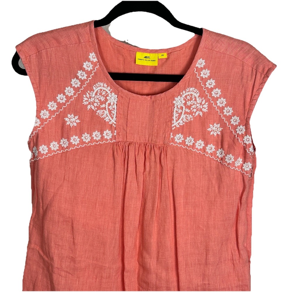 Roberta Roller Rabbit Linen Dress Sleeveless Coral Embroidered Pockets Womens XS